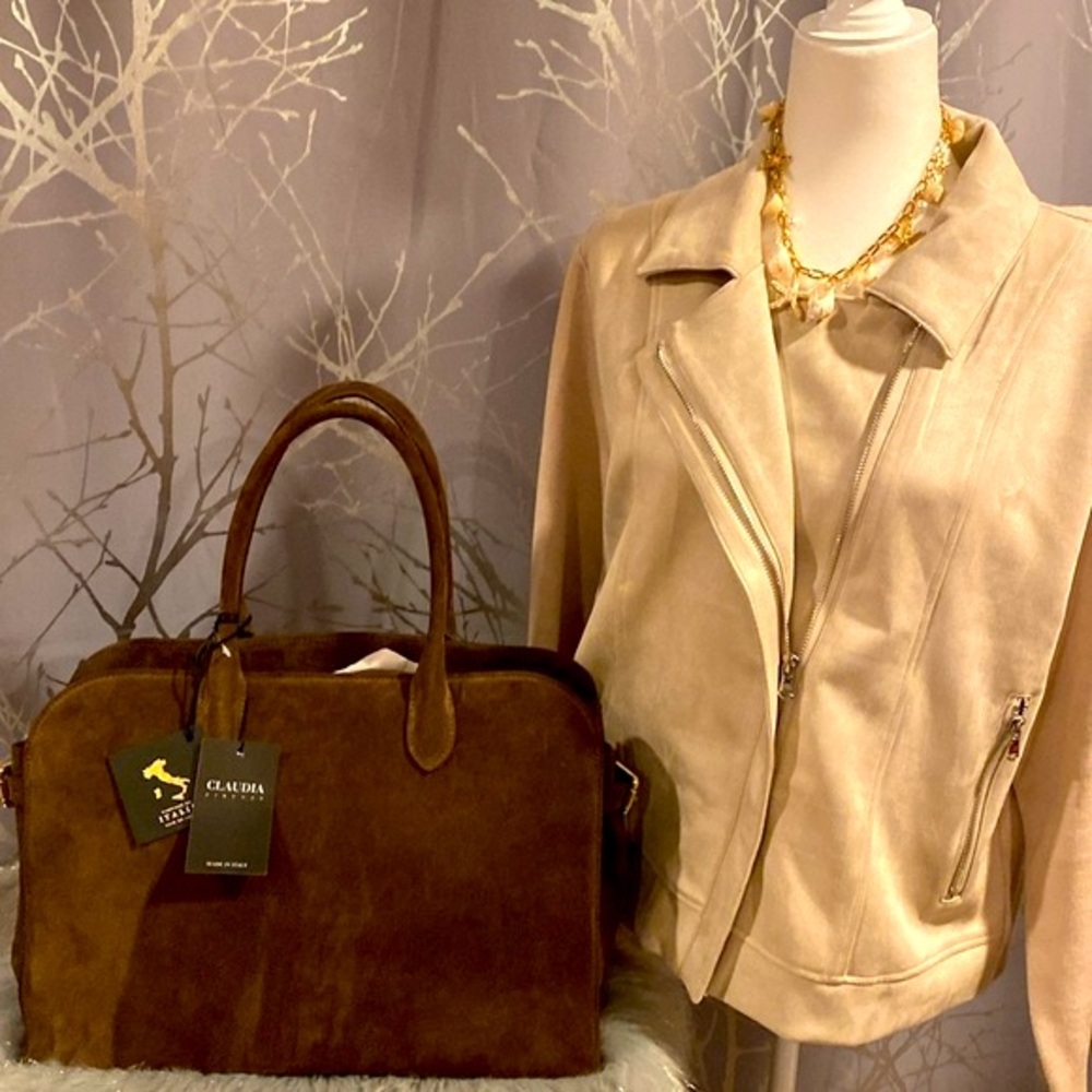 BNWT CLAUDIA FIRENZE Viral Made in Italy Chocolate Brown Suede Satchel Bag - Picture 11 of 15